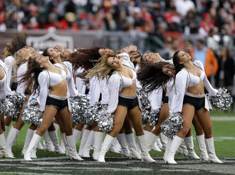 Oakland Raiders cheerleaders perform during the second half of an NFL football game between the Oakland Raiders and the San Francisco 49ers in Oakland, Calif., Sunday, Dec. 7, 2014.